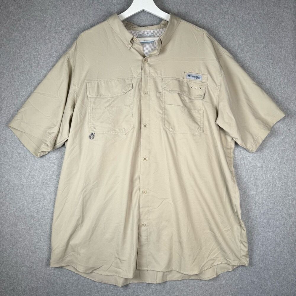 Columbia Mens XL Button Front PFG Blood N Guts Fishing Shirt Tan Omni Shield
